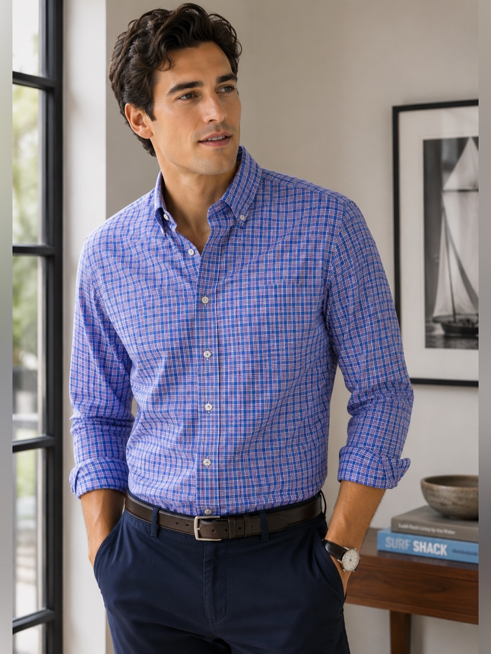 DAVID DONAHUE | Blue Purple Plaid Dress Shirt Mens Large Luxury Button Down